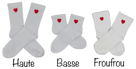 Chaussettes hautes basses et à froufrous blanches brodées cœur rouge - Accessoire cocooning fait main.