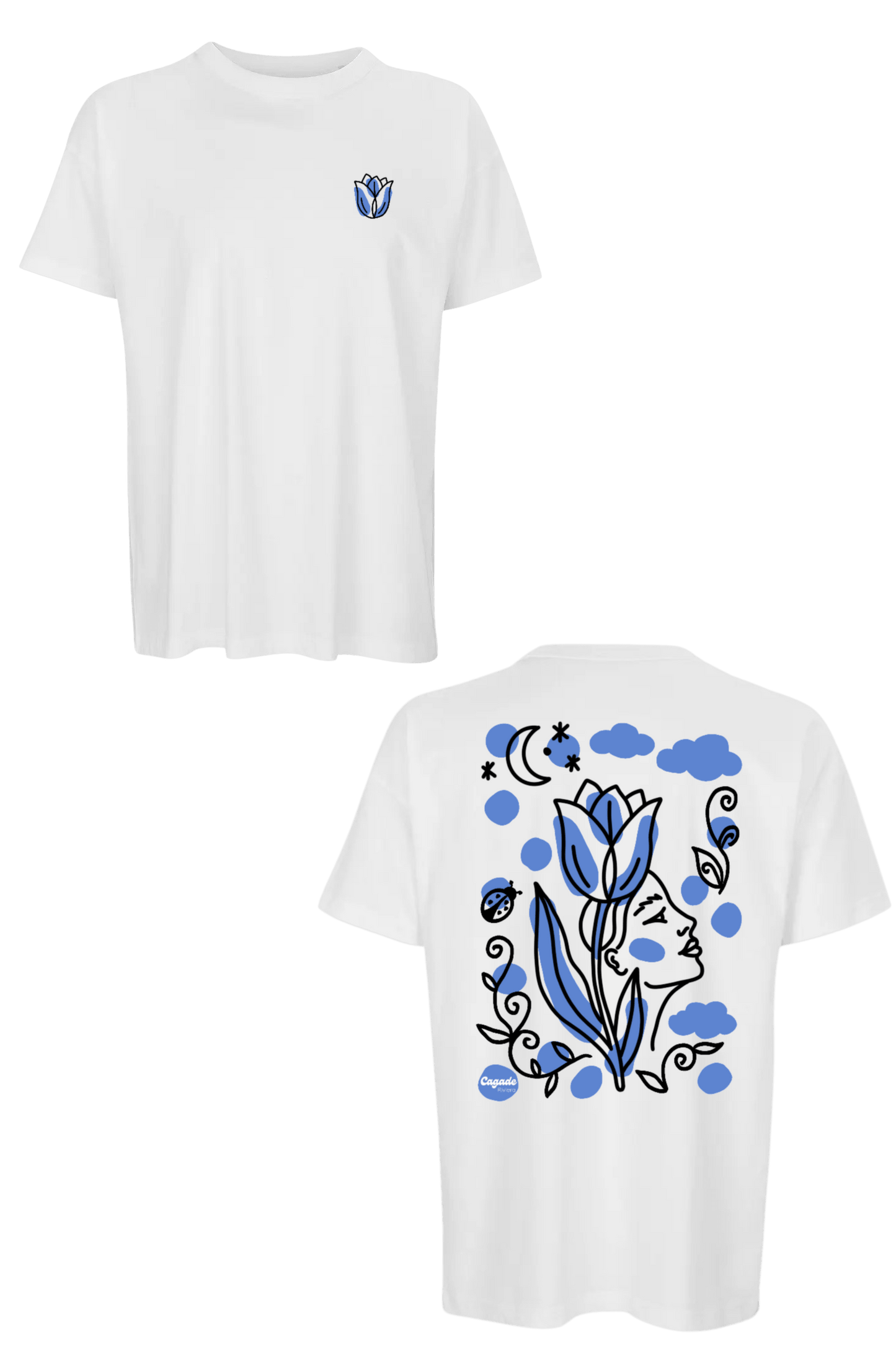 T-shirt oersize blanc DTF personnalisé collection printemps fleur bleu nature Cagade Riviera. Femme nature, fleur, nuage, coccinelle, tulipe