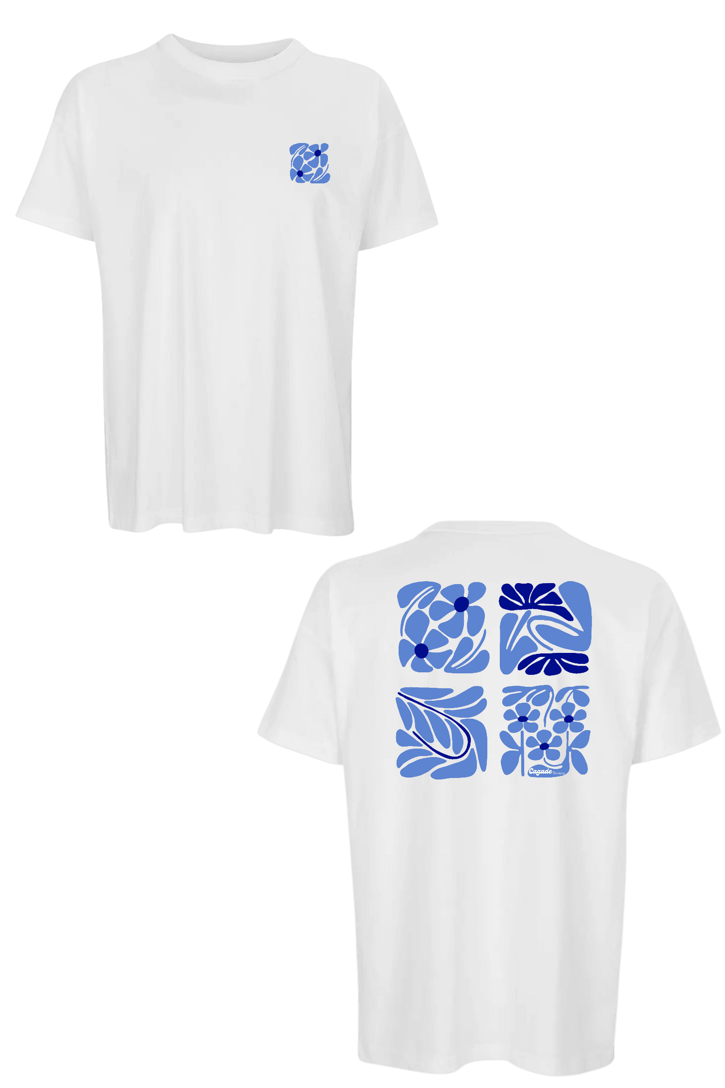 T-shirt oversize blanc DTF personnalisé collection printemps Cagade Riviera fleur azur bleu