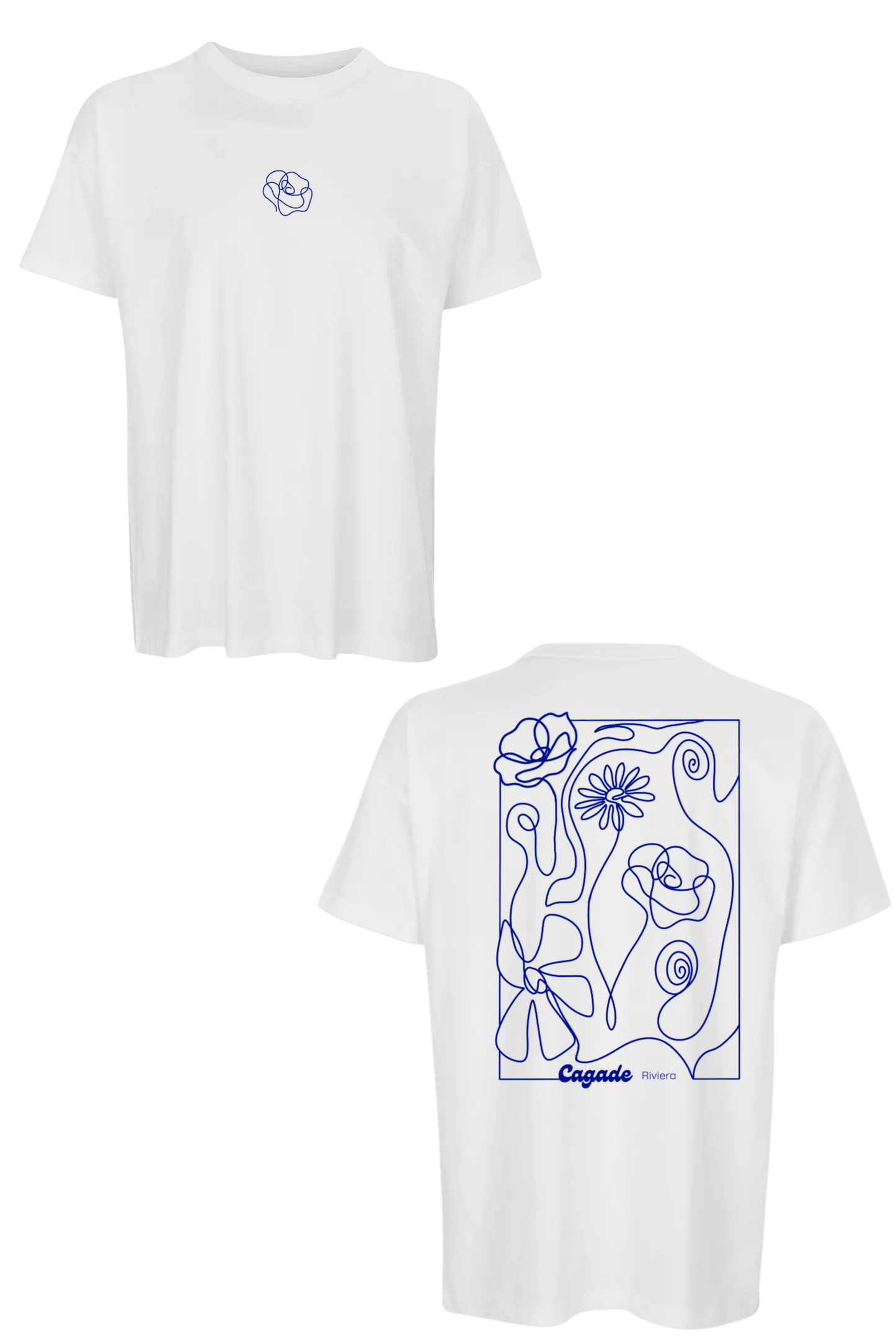 T-shirt oversize blanc avec dessins fleur réalisé en un trait one line DTF Cagade Riviera. Collection printemps