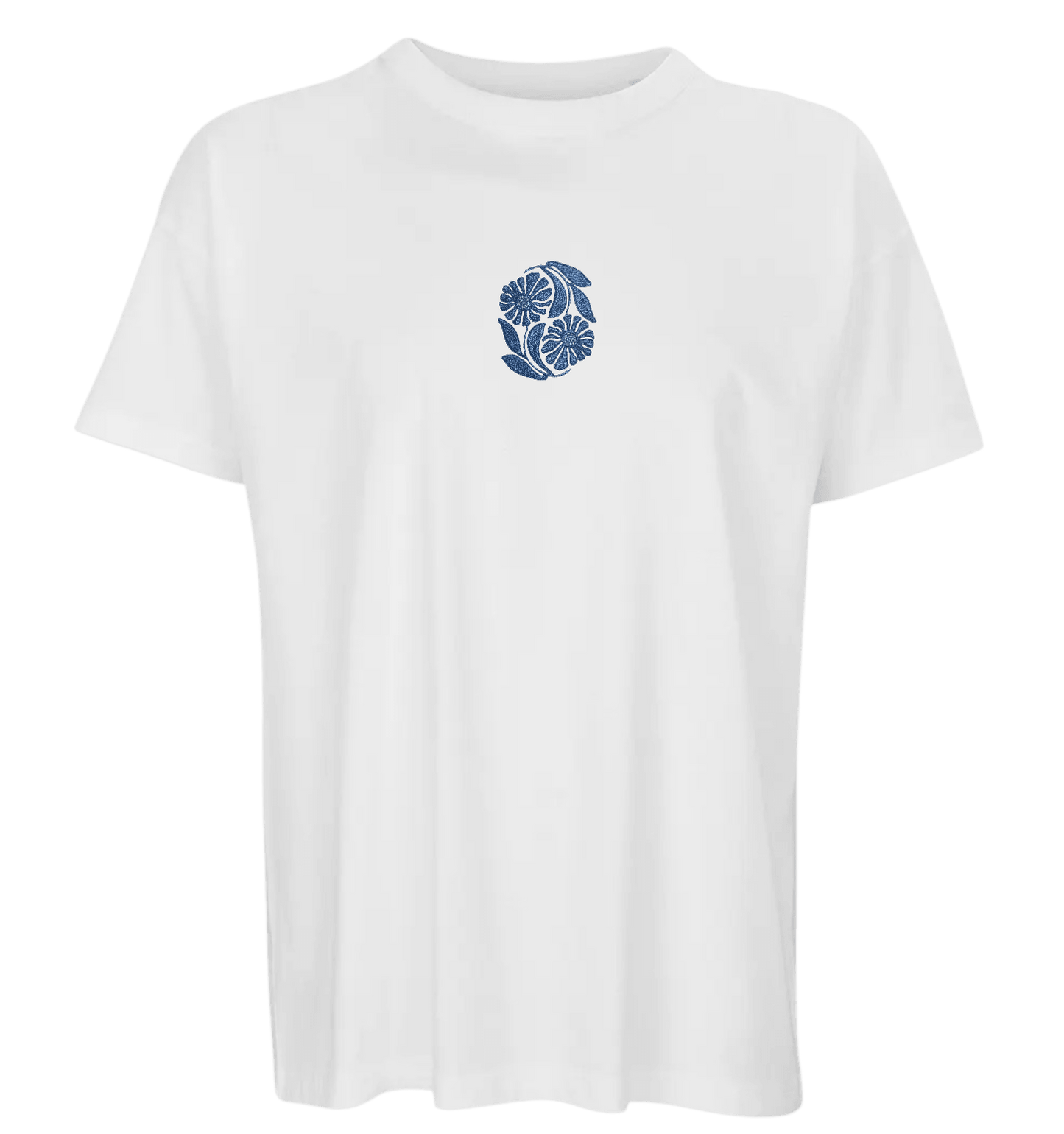 T-shirt oversize brodé broderie main Cagade Riviera fleur bleu collection printemps deux fleurs centrées harmonie