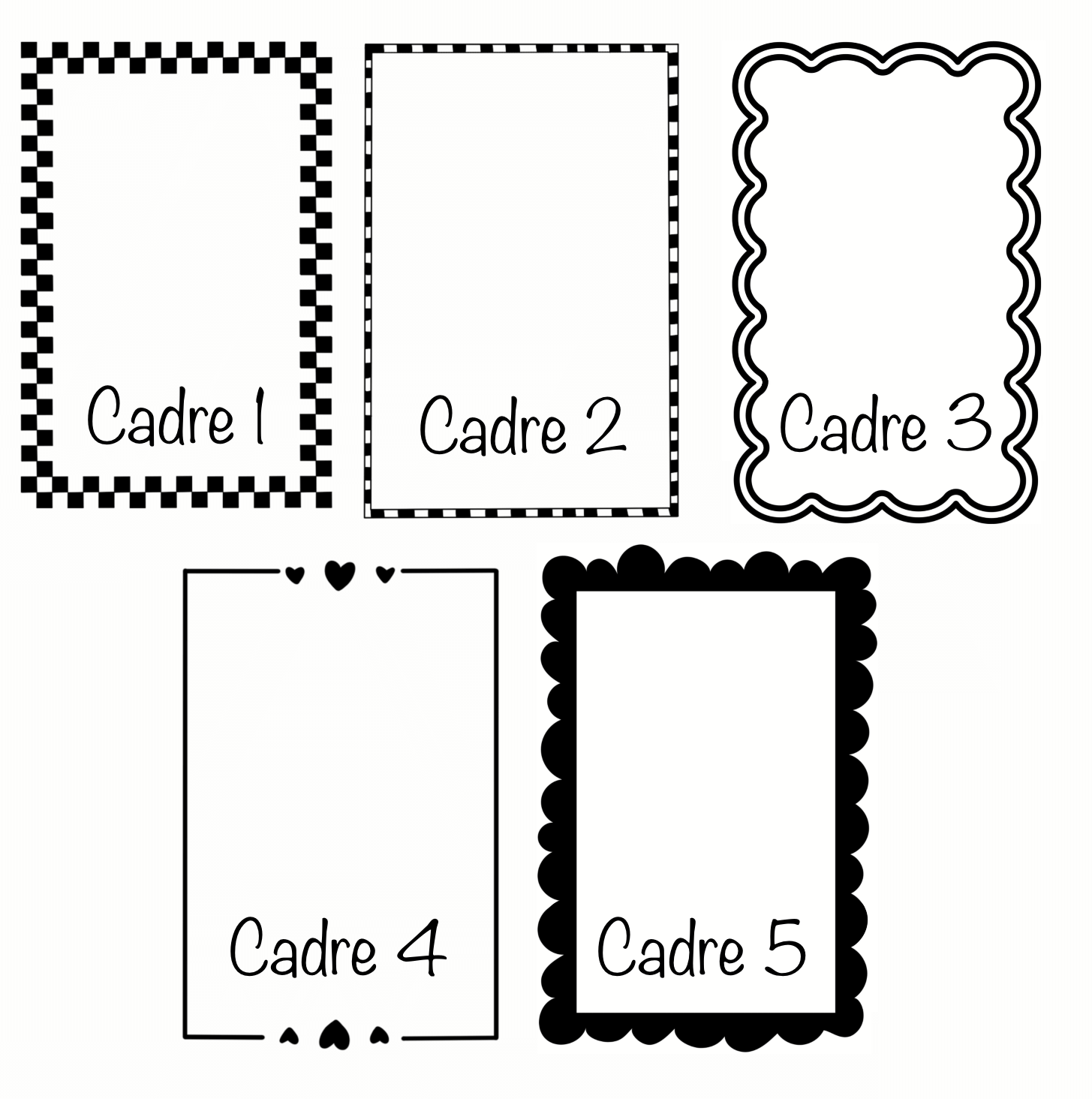 Cadre pour tshirt personnalisé
Cadre 1 : petits carrés
Cadre 2 : petits rectangles 
Cadre 3 : vagues
Cadre 4 : traits avec des coeurs 
Cadre 5 : grosses bulles