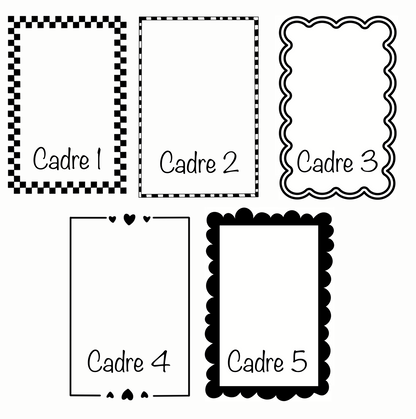 Cadre pour tshirt personnalisé
Cadre 1 : petits carrés
Cadre 2 : petits rectangles 
Cadre 3 : vagues
Cadre 4 : traits avec des coeurs 
Cadre 5 : grosses bulles