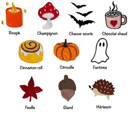 10 motifs de broderie spécial automne à choisir pour personnaliser son vêtement, maillot, chaussettes... : bougie, champignon, chauve souris, chocolat chaud, cinnamon roll, citrouille, fantome, feuille, glanc, hérisson.