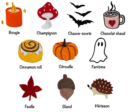 10 motifs de broderie spécial automne à choisir pour personnaliser son vêtement, maillot, chaussettes... : bougie, champignon, chauve souris, chocolat chaud, cinnamon roll, citrouille, fantome, feuille, glanc, hérisson.
