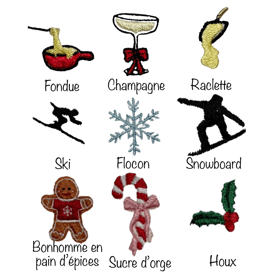 Choix motifs broderie sélection collection hiver winter, Noël, fêtes de fin d'année, personnalisation, offrir, choisir
9 motifs de broderie à choisir pour personnaliser son vêtement, maillot, chaussettes... Fondue savoyarde, Coupe de champagne, Raclette fromage fondu, Ski skieur, Flocon, Snowboard, Bonhomme en pain d'épices, Sucre d'orge, Houx