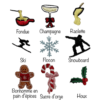 Choix motifs broderie sélection collection hiver winter, Noël, fêtes de fin d'année, personnalisation, offrir, choisir
9 motifs de broderie à choisir pour personnaliser son vêtement, maillot, chaussettes... Fondue savoyarde, Coupe de champagne, Raclette fromage fondu, Ski skieur, Flocon, Snowboard, Bonhomme en pain d'épices, Sucre d'orge, Houx