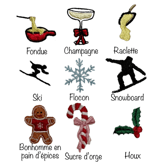 Choix motifs broderie sélection collection hiver winter, Noël, fêtes de fin d'année, personnalisation, offrir, choisir
9 motifs de broderie à choisir pour personnaliser son vêtement, maillot, chaussettes... Fondue savoyarde, Coupe de champagne, Raclette fromage fondu, Ski skieur, Flocon, Snowboard, Bonhomme en pain d'épices, Sucre d'orge, Houx
