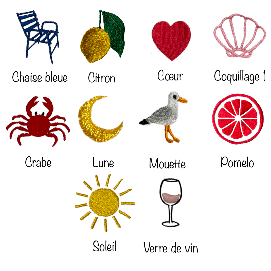 10 motifs de broderie à choisir pour personnaliser son vêtement, maillot, chaussettes... : chaise bleue de Nice 06, citron de Menton 06, coeur rouge, coquillage rose, crabe rouge, lune, mouette, pomelo, soleil, verre de vin rosé.