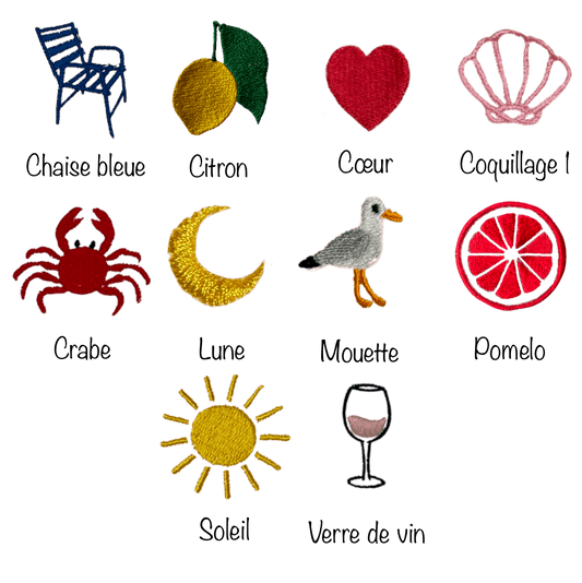 10 motifs de broderie à choisir pour personnaliser son vêtement, maillot, chaussettes... : chaise bleue de Nice 06, citron de Menton 06, coeur rouge, coquillage rose, crabe rouge, lune, mouette, pomelo, soleil, verre de vin rosé.
