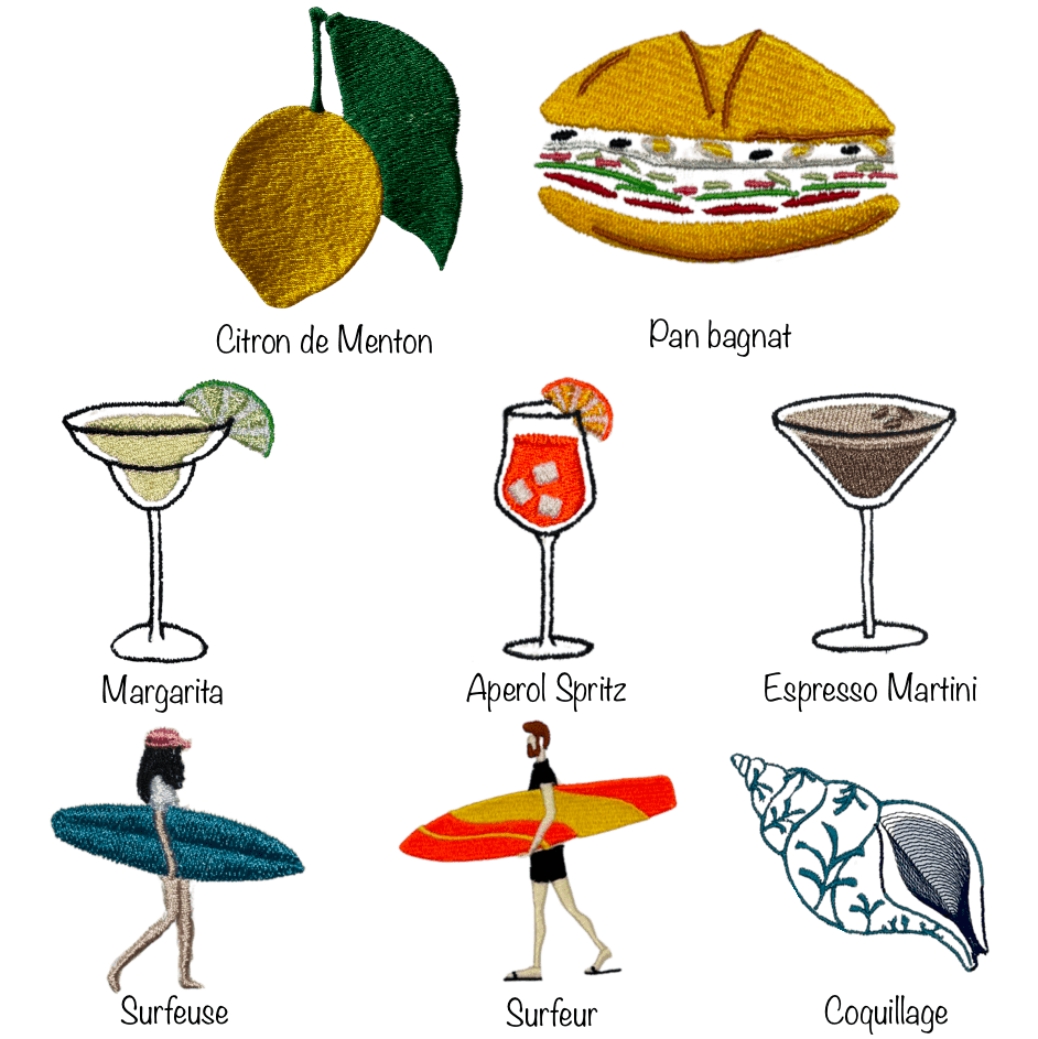 10 motifs de broderie à choisir pour personnaliser son vêtement, maillot, chaussettes... : citron de Menton, pan bagnat, margarita, aperol spritz, espresso martini, surfeuse, surfeur, surf, coquillage bleu