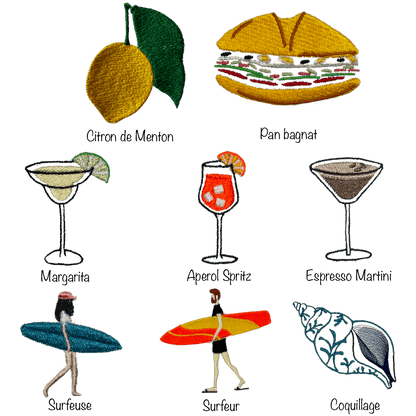10 motifs de broderie à choisir pour personnaliser son vêtement, maillot, chaussettes... : citron de Menton, pan bagnat, margarita, aperol spritz, espresso martini, surfeuse, surfeur, surf, coquillage bleu