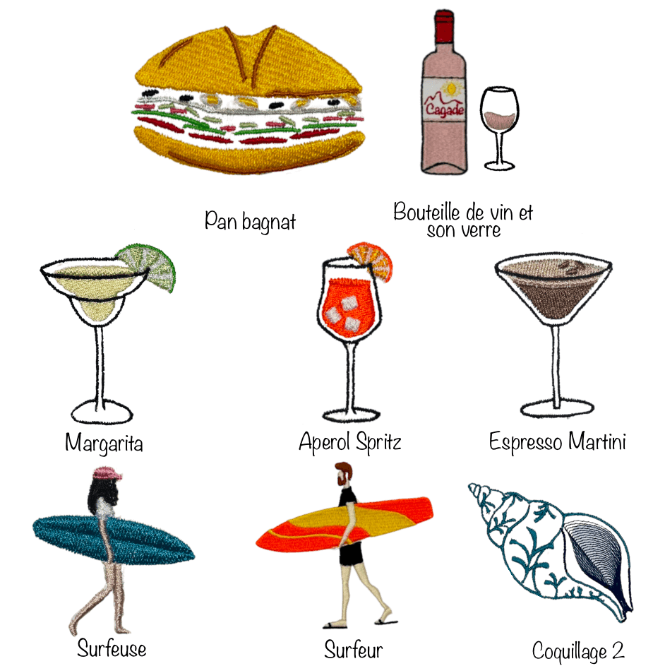 10 motifs de broderie à choisir pour personnaliser son vêtement, maillot, chaussettes... : pan bagnat, bouteille et verre de vin rosé, margarita, aperol spritz, espresso martini, surfeuse, surfeur, surf, coquillage bleu