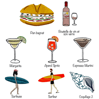 10 motifs de broderie à choisir pour personnaliser son vêtement, maillot, chaussettes... : pan bagnat, bouteille et verre de vin rosé, margarita, aperol spritz, espresso martini, surfeuse, surfeur, surf, coquillage bleu