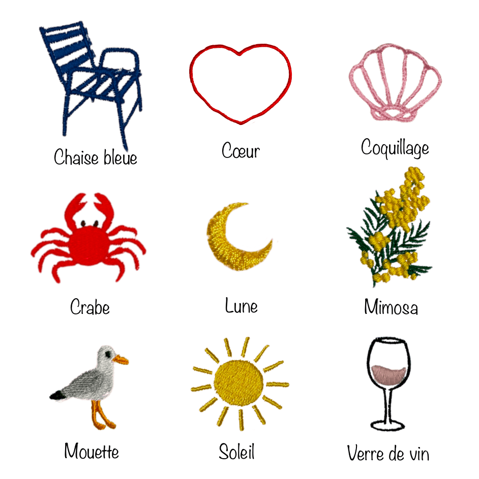 9 motifs de broderie à choisir pour personnaliser son vêtement, maillot, chaussettes... : chaise bleue de Nice 06, coeur rouge, coquillage rose, crabe rouge, lune, mouette, pomelo, soleil, verre de vin rosé.