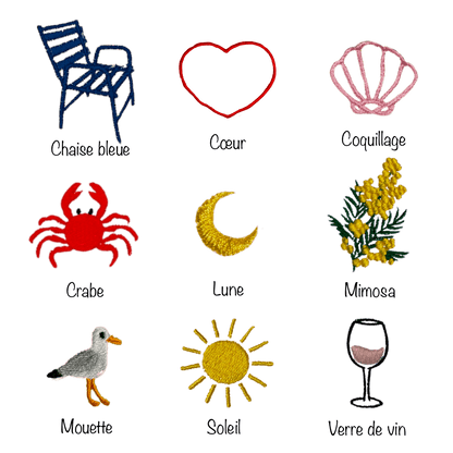 9 motifs de broderie à choisir pour personnaliser son vêtement, maillot, chaussettes... : chaise bleue de Nice 06, coeur rouge, coquillage rose, crabe rouge, lune, mouette, pomelo, soleil, verre de vin rosé.
