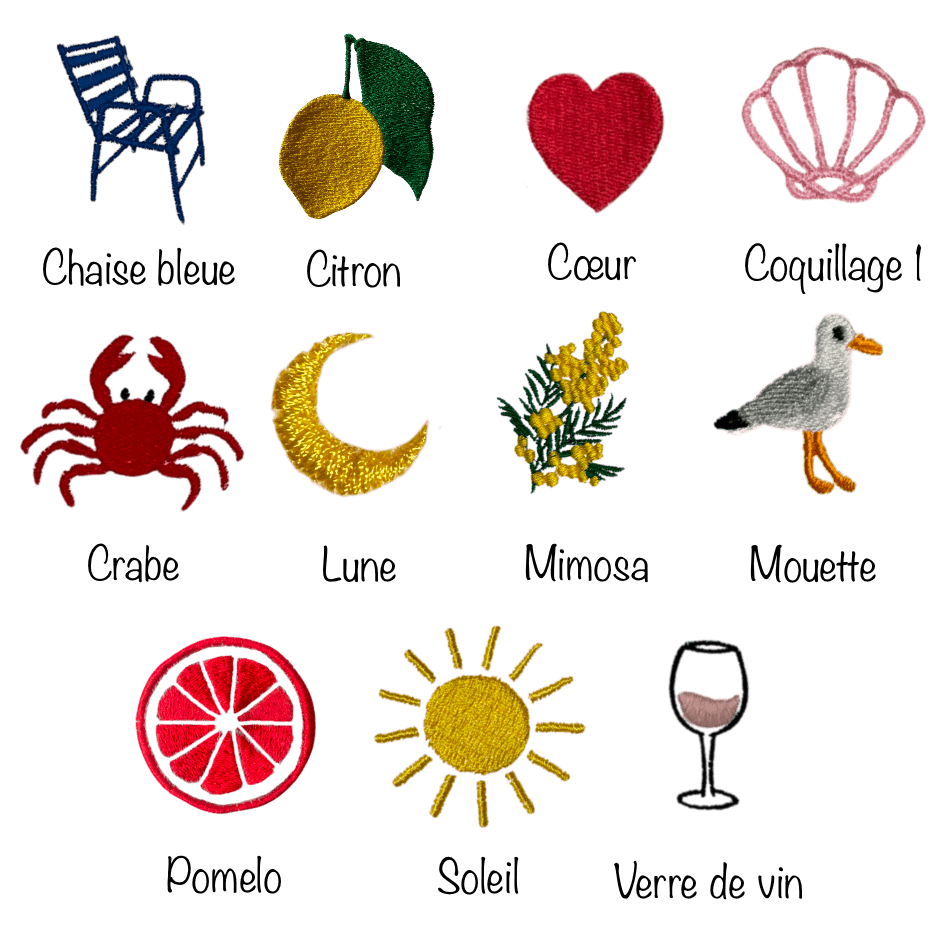 11 motifs de broderie à choisir pour personnaliser son vêtement, maillot, chaussettes... : chaise bleue de Nice 06, citron de Menton 06, coeur rouge, coquillage rose, crabe rouge, lune, mimosa fleur, mouette, pomelo, soleil, verre de vin rosé.