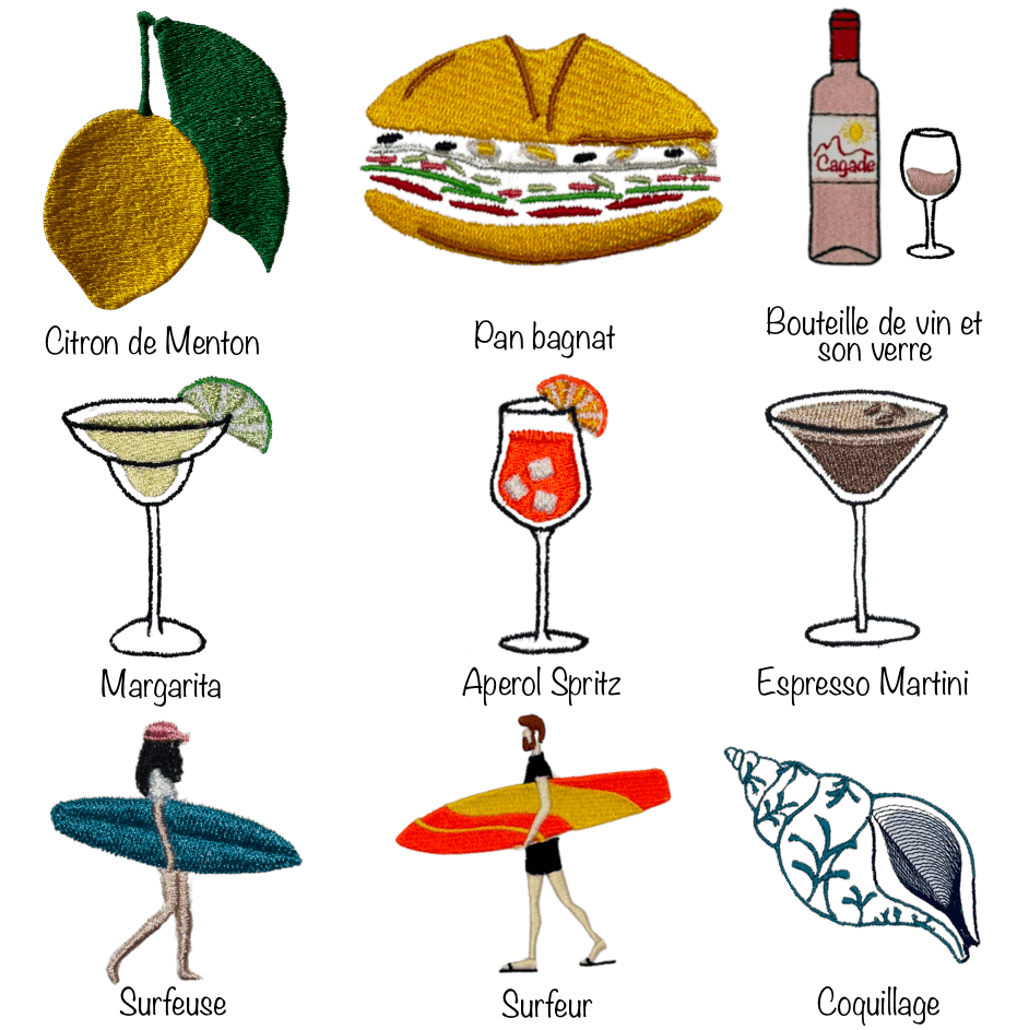 9 motifs de broderie à choisir pour personnaliser son vêtement, maillot, chaussettes... : citron de Menton, pan bagnat, bouteille et verre de vin rosé, margarita, aperol spritz, espresso martini, surfeuse, surfeur, surf, coquillage bleu