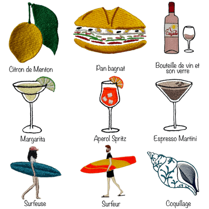 9 motifs de broderie à choisir pour personnaliser son vêtement, maillot, chaussettes... : citron de Menton, pan bagnat, bouteille et verre de vin rosé, margarita, aperol spritz, espresso martini, surfeuse, surfeur, surf, coquillage bleu