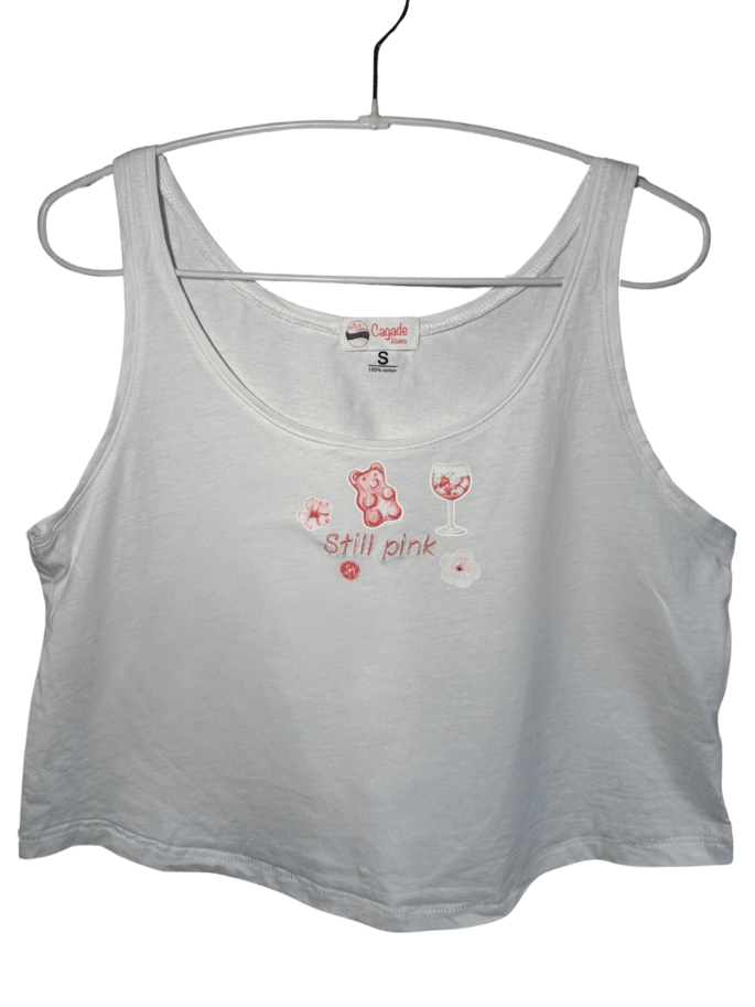 Débardeur blanc en coton avec personnalisation broderie et flocage DTF. Thème rose girly plage estival summer été mer