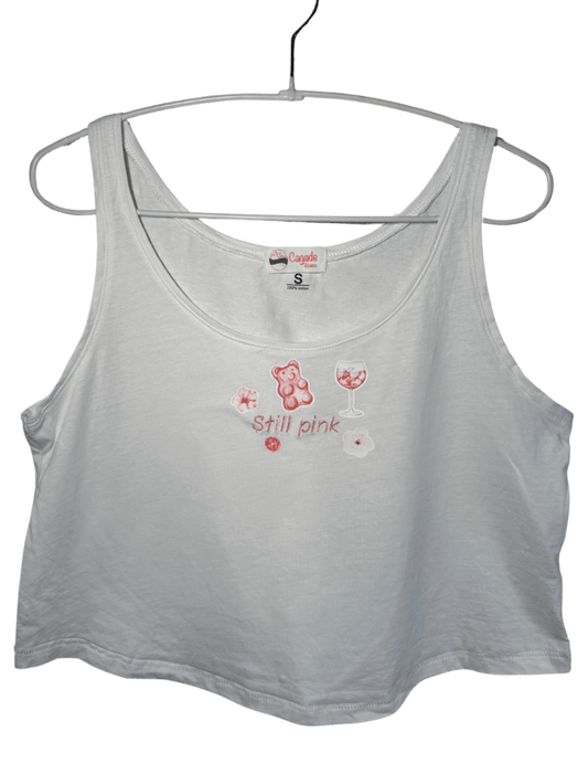 Débardeur blanc en coton avec personnalisation broderie et flocage DTF. Thème rose girly plage estival summer été mer