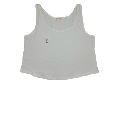 Débardeur blanc court, crop top, 100% coton. Personnalisation du débardeur grâce à des broderies. Il faut choisir parmi un choix de broderies dessinées à la main sur le thème de l’été sur la Côte d’Azur dans les Alpes Maritimes, 06. Il faut aussi choisir la position de la broderie entre à gauche côté cœur, à droite ou au milieu. Toutes les broderies sont faites à la commande selon la personnalisation choisie. Ici, il s’agit de la broderie verre de vin rosé, rose clair et noir.