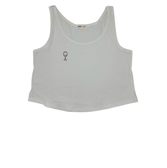 Débardeur blanc court, crop top, 100% coton. Personnalisation du débardeur grâce à des broderies. Il faut choisir parmi un choix de broderies dessinées à la main sur le thème de l’été sur la Côte d’Azur dans les Alpes Maritimes, 06. Il faut aussi choisir la position de la broderie entre à gauche côté cœur, à droite ou au milieu. Toutes les broderies sont faites à la commande selon la personnalisation choisie. Ici, il s’agit de la broderie verre de vin rosé, rose clair et noir.