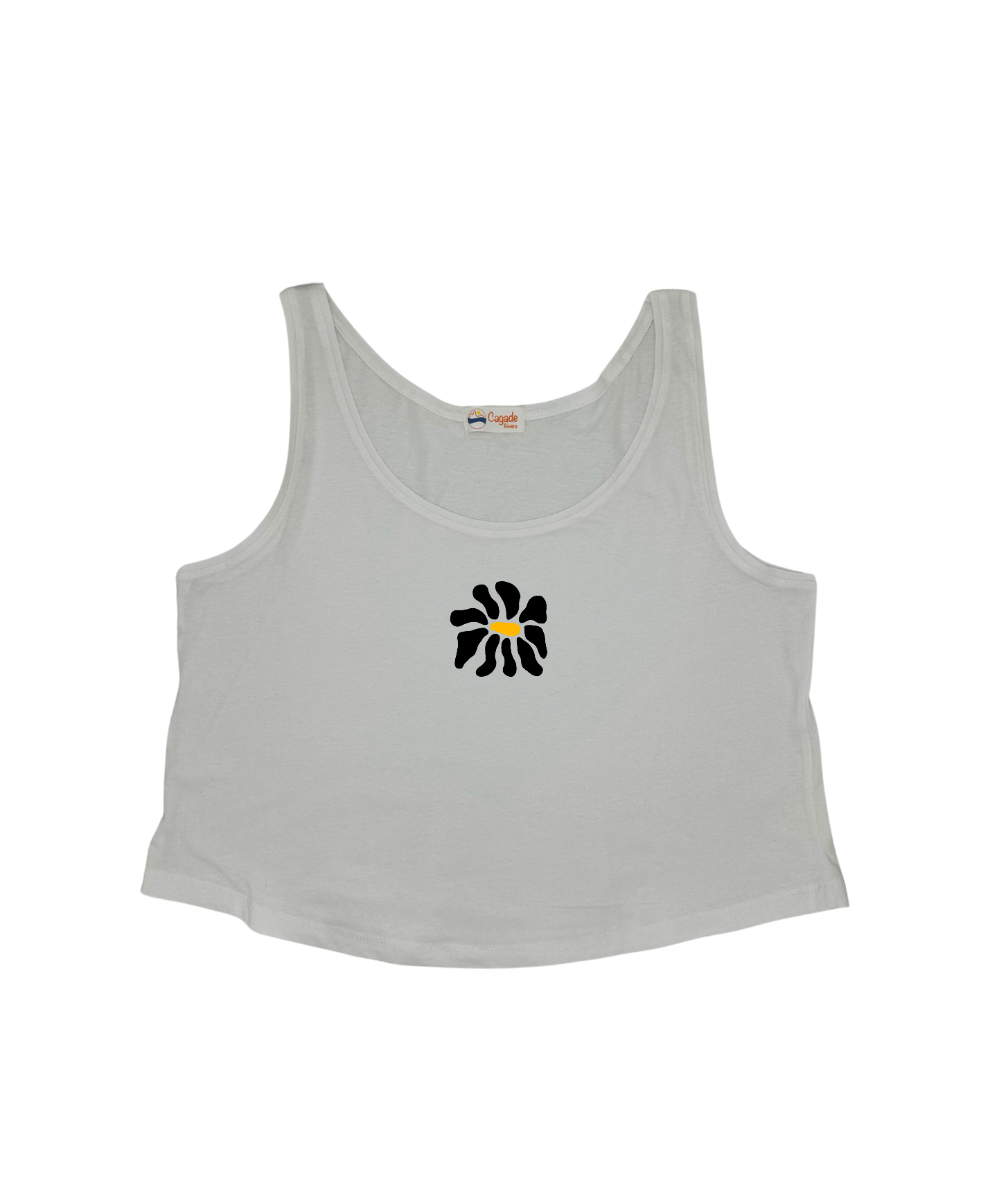 Débardeur blanc court, crop top, 100% coton. Personnalisation du débardeur grâce à une technique de flocage, le DTF, pour une meilleure qualité d’impression et de tenue. La personnalisation est floquée au centre, en haut milieu. Ici, il s’agit de la personnalisation de DTF fleur en noir. 