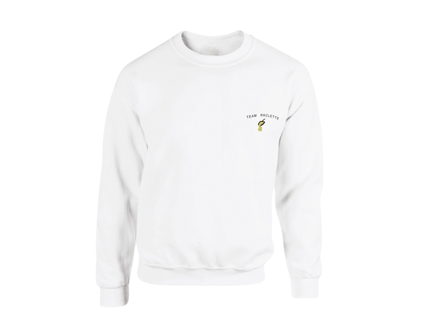 Sweatshirt blanc tout doux hyper confortable loose avec broderie côté cœur et sur la manche droite personnalisation broderie team raclette. Texte TEAM RACLETTE et fromage coulant en dessous. 