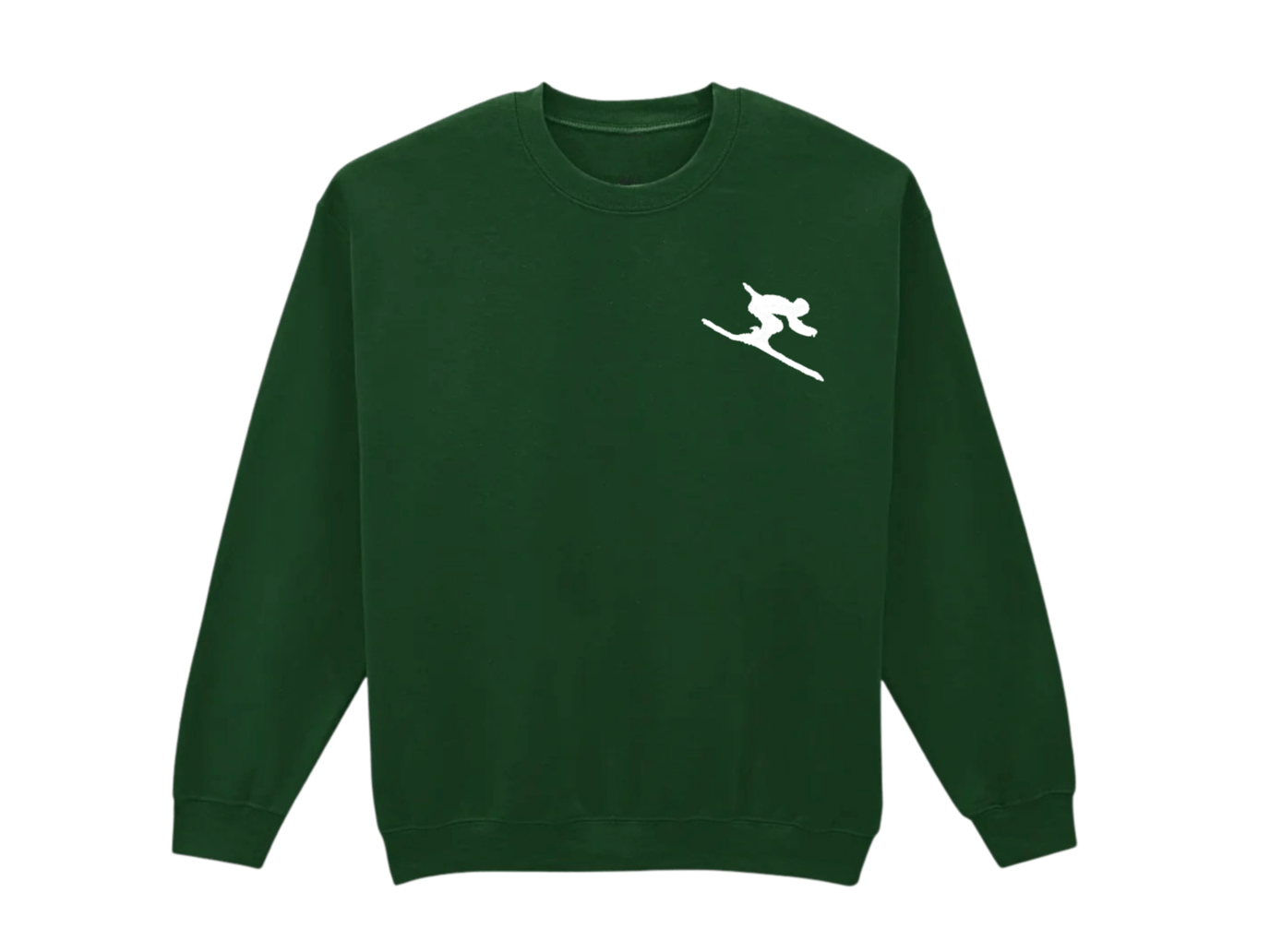 Sweatshirt vert forêt tout doux hyper confortable loose avec broderie côté cœur et sur la manche droite personnalisation broderie ski blanc