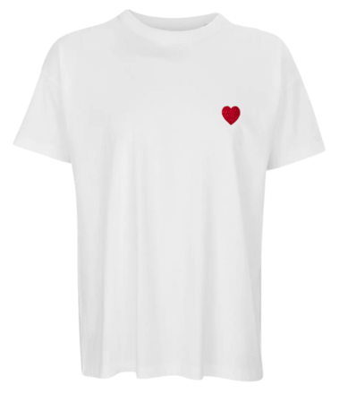 T-shirt blanc minimaliste brodé et floqué DTF petit cœur rouge - Basique brodé main atelier.