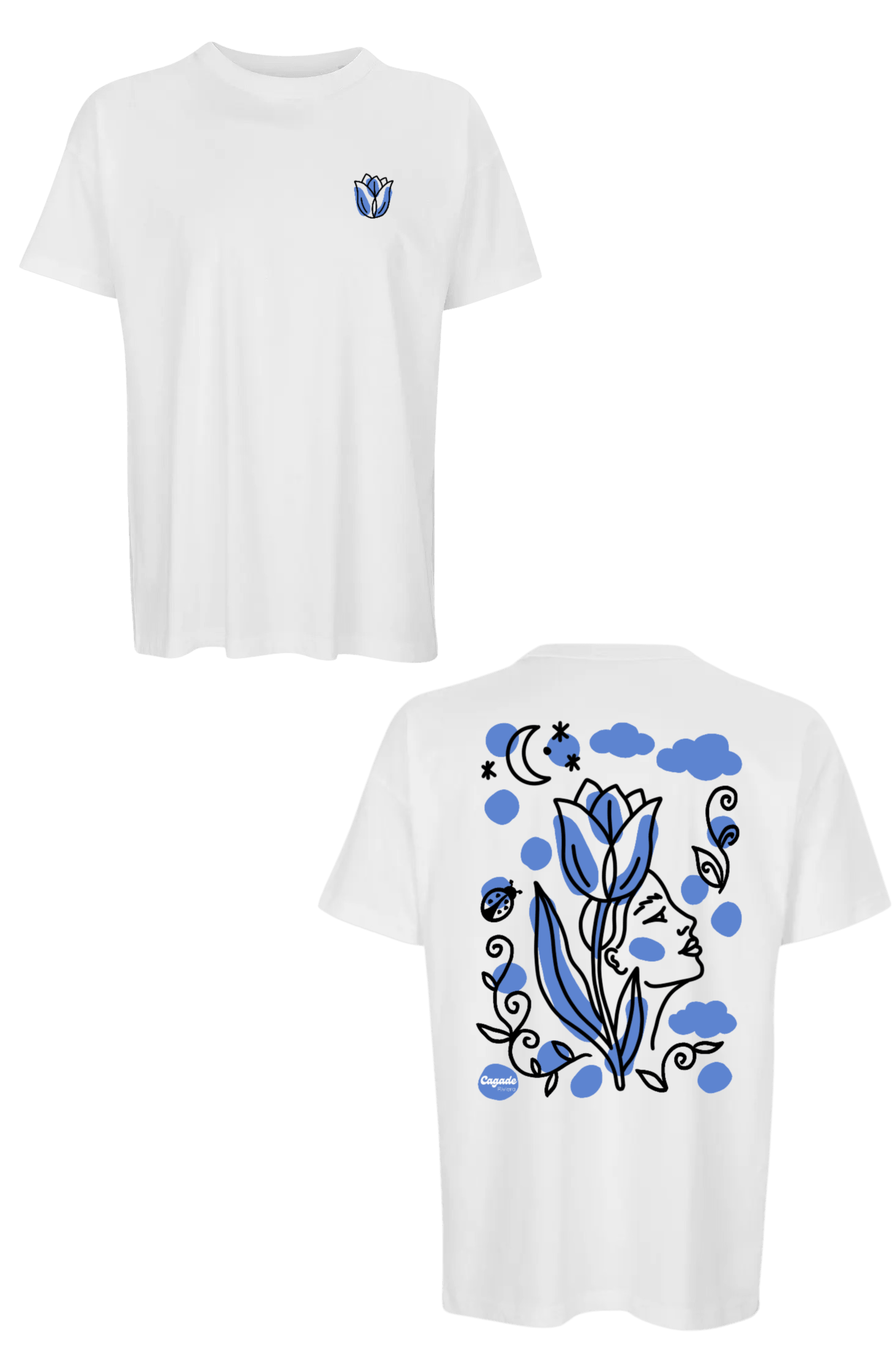 T-shirt oersize blanc DTF personnalisé collection printemps fleur bleu nature Cagade Riviera. Femme nature, fleur, nuage, coccinelle, tulipe