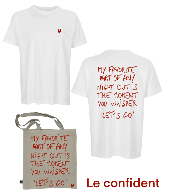 T-shirt oversize blanc écriture dans le dos couple amour love idée cadeau saint valentin et son tote bag assorti avec écriture et petit coeur rouge DTF print