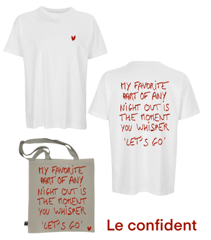 T-shirt oversize blanc écriture dans le dos couple amour love idée cadeau saint valentin et son tote bag assorti avec écriture et petit coeur rouge DTF print