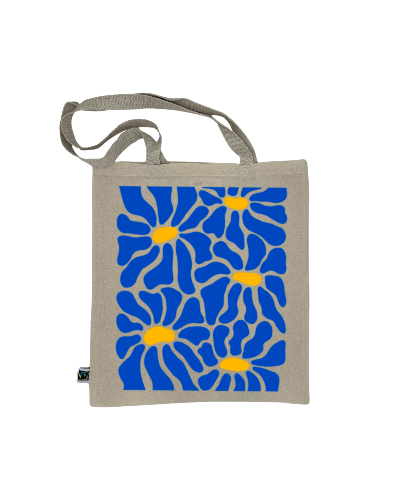 Tote bag, sac de course en coton. Personnalisation du débardeur grâce à une technique de flocage, le DTF, pour une meilleure qualité d’impression et de tenue. La personnalisation est floquée au centre, en haut milieu. Tout est fait à la commande selon la personnalisation choisie. Ici, il s’agit de la personnalisation de DTF, flocage fleur bleu.
