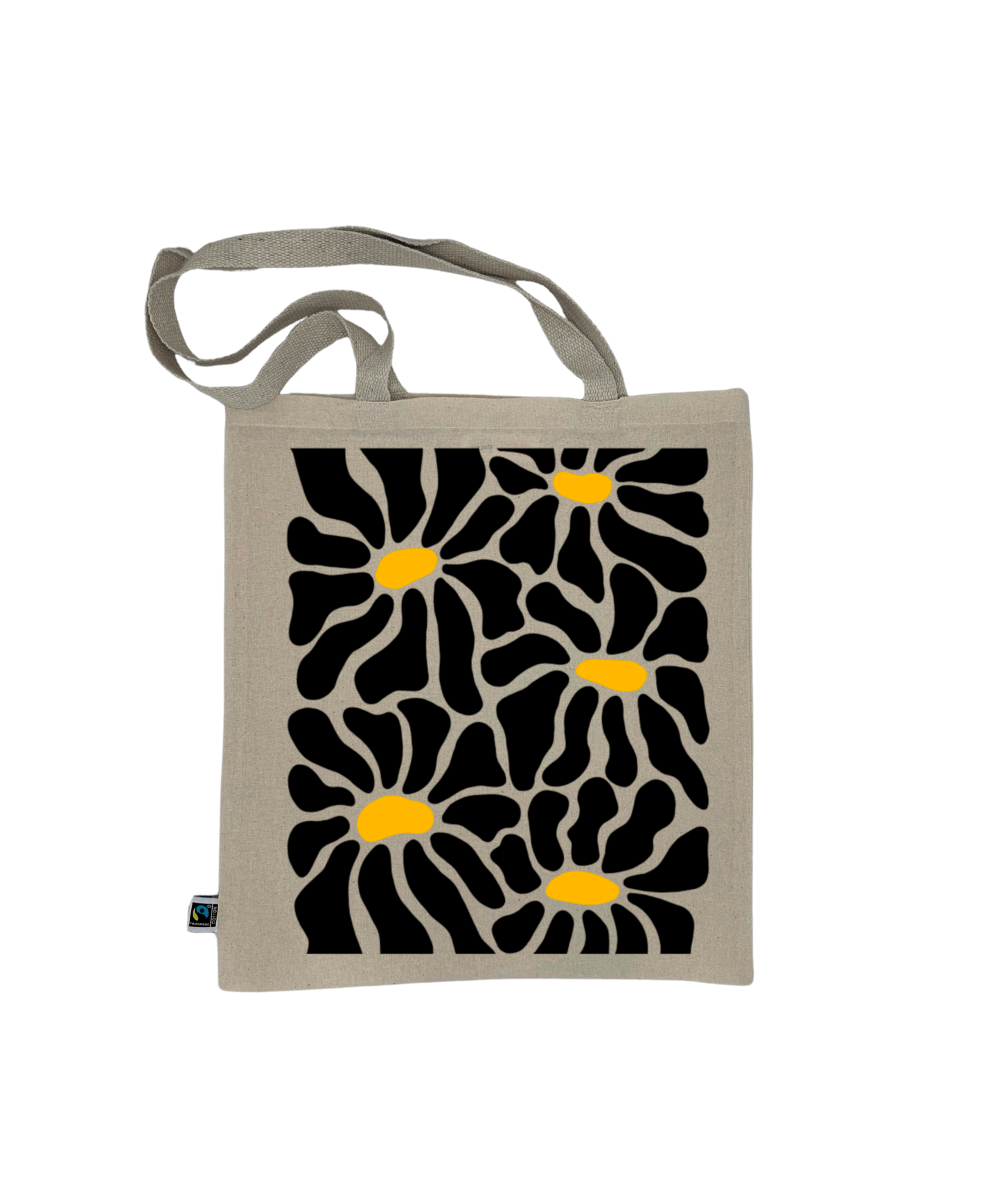 Tote bag, sac de course en coton. Personnalisation du débardeur grâce à une technique de flocage, le DTF, pour une meilleure qualité d’impression et de tenue. La personnalisation est floquée au centre, en haut milieu. Tout est fait à la commande selon la personnalisation choisie. Ici, il s’agit de la personnalisation de DTF, flocage fleur en noir. 