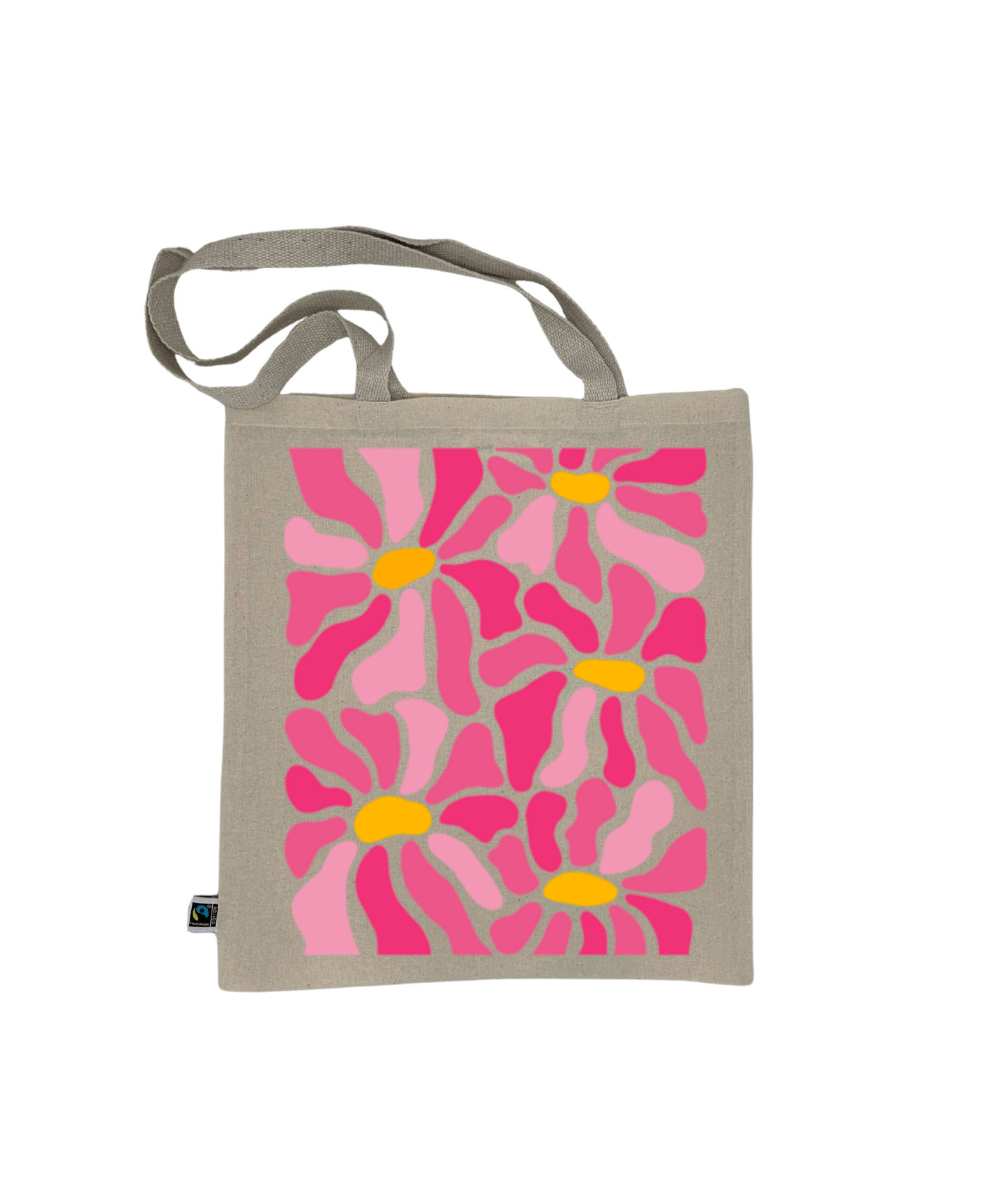 Tote bag, sac de course en coton. Personnalisation du débardeur grâce à une technique de flocage, le DTF, pour une meilleure qualité d’impression et de tenue. La personnalisation est floquée au centre, en haut milieu. Tout est fait à la commande selon la personnalisation choisie. Ici, il s’agit de la personnalisation de DTF, flocage fleur rose.