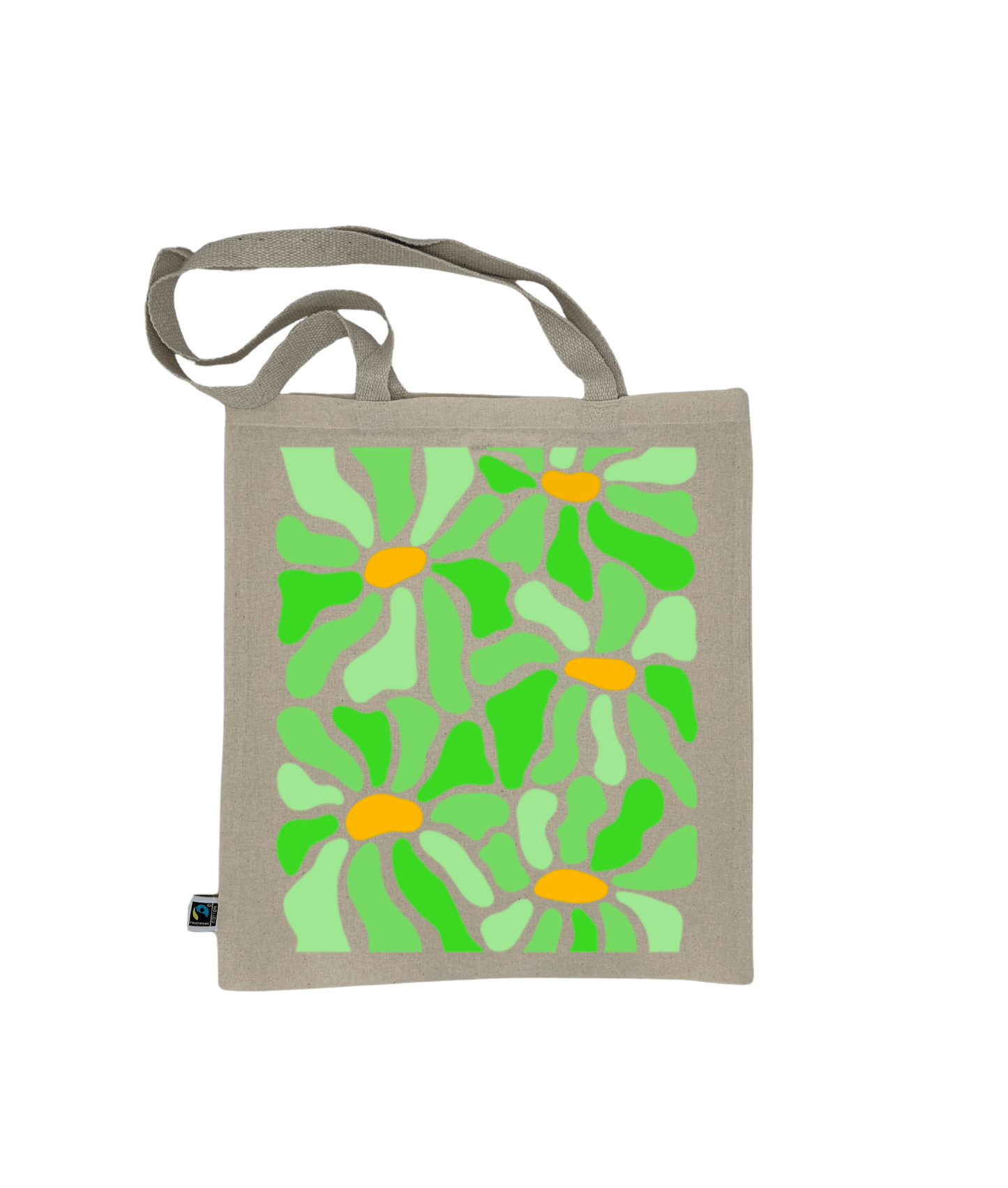 Tote bag, sac de course en coton. Personnalisation du débardeur grâce à une technique de flocage, le DTF, pour une meilleure qualité d’impression et de tenue. La personnalisation est floquée au centre, en haut milieu. Tout est fait à la commande selon la personnalisation choisie. Ici, il s’agit de la personnalisation de DTF, flocage fleur vert.