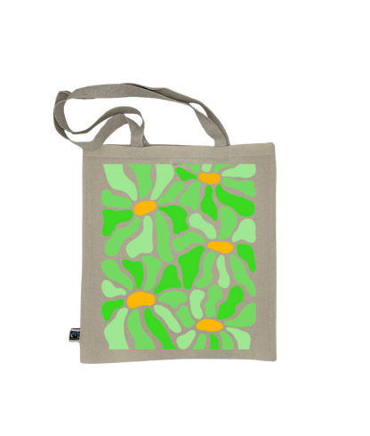 Tote bag, sac de course en coton. Personnalisation du débardeur grâce à une technique de flocage, le DTF, pour une meilleure qualité d’impression et de tenue. La personnalisation est floquée au centre, en haut milieu. Tout est fait à la commande selon la personnalisation choisie. Ici, il s’agit de la personnalisation de DTF, flocage fleur vert.