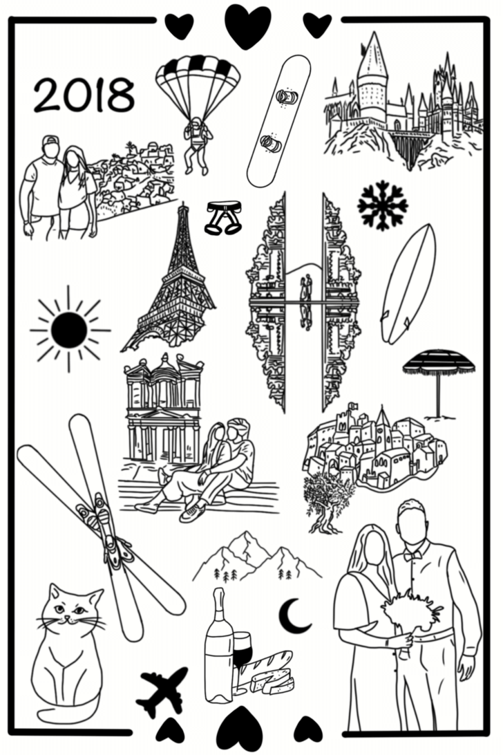 T-shirt personnalisé avec plein de dessins qui représentent : voyages, animaux, souvenirs, dates, photos, paysages, nourriture, passions, sports, métiers… Les dessins sont imprimés sur un teeshirt personnalisé. C’est une super idée cadeau pour un cadeau unique pour un anniversaire, un couple, son chéri, sa chérie, un EVJF ou EVG, mariage, famille… 