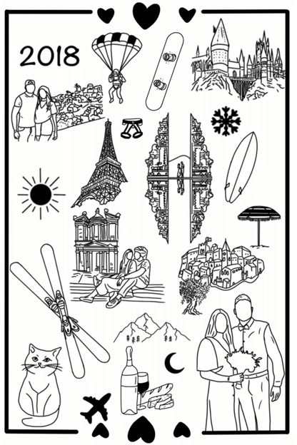 T-shirt personnalisé avec plein de dessins qui représentent : voyages, animaux, souvenirs, dates, photos, paysages, nourriture, passions, sports, métiers… Les dessins sont imprimés sur un teeshirt personnalisé. C’est une super idée cadeau pour un cadeau unique pour un anniversaire, un couple, son chéri, sa chérie, un EVJF ou EVG, mariage, famille… 