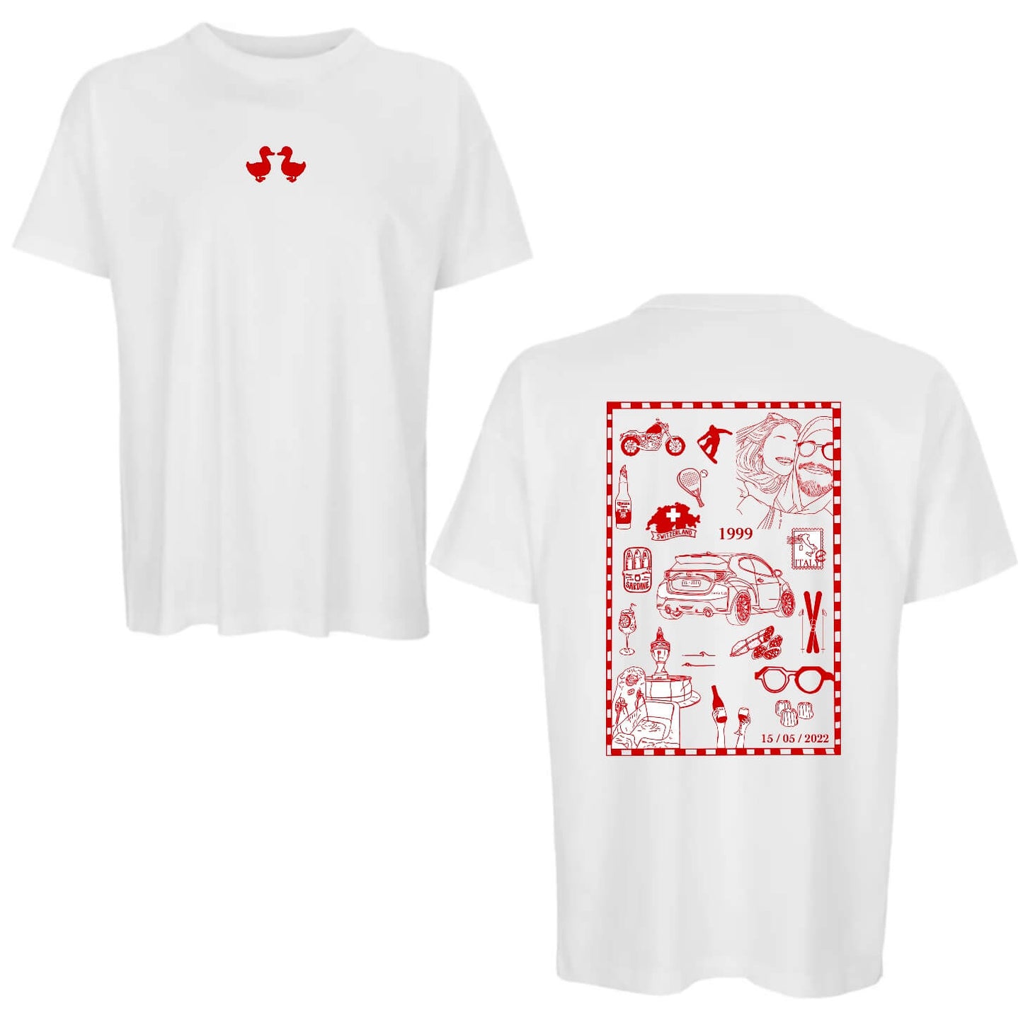 T-shirt personnalisé avec plein de dessins qui représentent : voyages, animaux, souvenirs, dates, photos, paysages, nourriture, passions, sports, métiers… Les dessins sont imprimés sur un teeshirt personnalisé. C’est une super idée cadeau pour un cadeau unique pour un anniversaire, un couple, son chéri, sa chérie, un EVJF ou EVG, mariage, famille… 