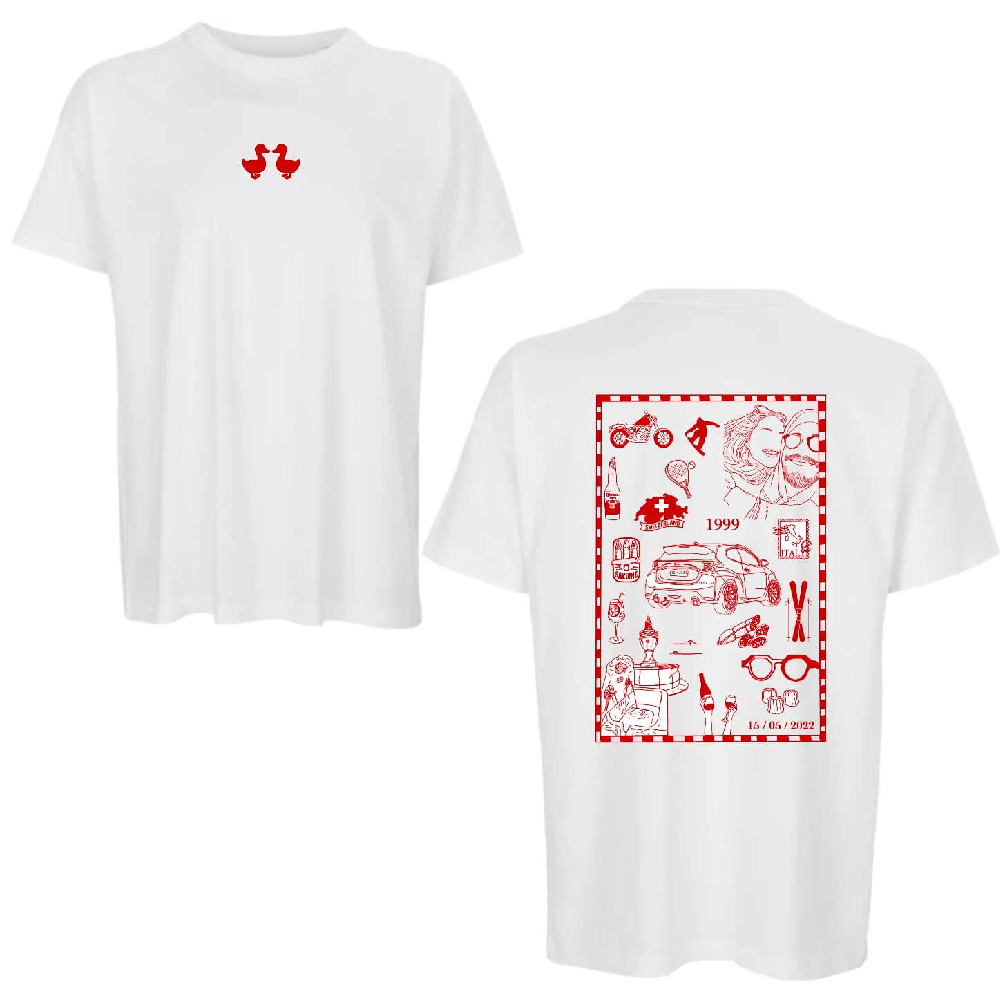 T-shirt personnalisé avec plein de dessins qui représentent : voyages, animaux, souvenirs, dates, photos, paysages, nourriture, passions, sports, métiers… Les dessins sont imprimés sur un teeshirt personnalisé. C’est une super idée cadeau pour un cadeau unique pour un anniversaire, un couple, son chéri, sa chérie, un EVJF ou EVG, mariage, famille… 
