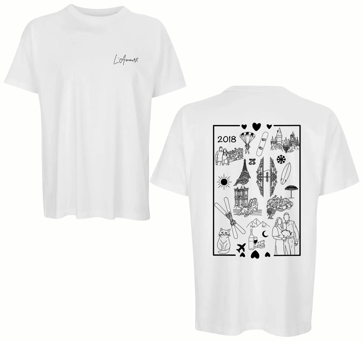 T-shirt personnalisé avec plein de dessins qui représentent : voyages, animaux, souvenirs, dates, photos, paysages, nourriture, passions, sports, métiers… Les dessins sont imprimés sur un teeshirt personnalisé. C’est une super idée cadeau pour un cadeau unique pour un anniversaire, un couple, son chéri, sa chérie, un EVJF ou EVG, mariage, famille… 