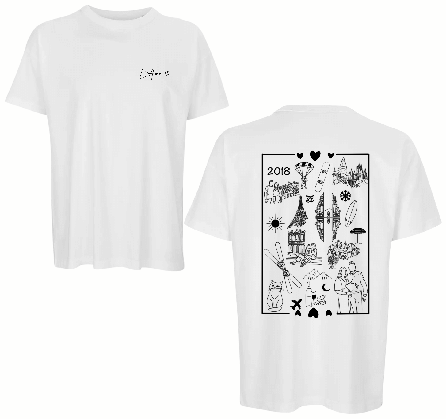 T-shirt personnalisé avec plein de dessins qui représentent : voyages, animaux, souvenirs, dates, photos, paysages, nourriture, passions, sports, métiers… Les dessins sont imprimés sur un teeshirt personnalisé. C’est une super idée cadeau pour un cadeau unique pour un anniversaire, un couple, son chéri, sa chérie, un EVJF ou EVG, mariage, famille… 