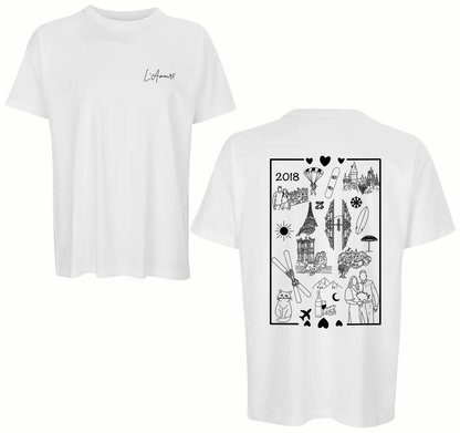 T-shirt personnalisé avec plein de dessins qui représentent : voyages, animaux, souvenirs, dates, photos, paysages, nourriture, passions, sports, métiers… Les dessins sont imprimés sur un teeshirt personnalisé. C’est une super idée cadeau pour un cadeau unique pour un anniversaire, un couple, son chéri, sa chérie, un EVJF ou EVG, mariage, famille… 