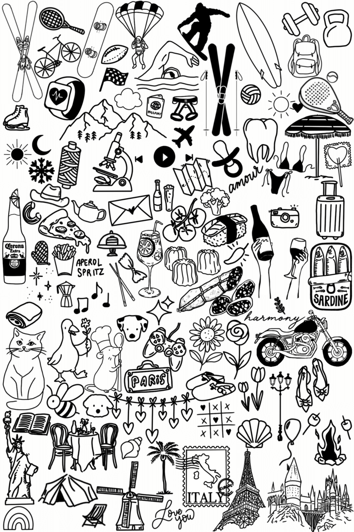 T-shirt personnalisé avec plein de dessins qui représentent : voyages, animaux, souvenirs, dates, photos, paysages, nourriture, passions, sports, métiers… Les dessins sont imprimés sur un teeshirt personnalisé. C’est une super idée cadeau pour un cadeau unique pour un anniversaire, un couple, son chéri, sa chérie, un EVJF ou EVG, mariage, famille… 