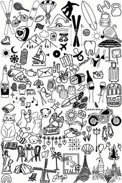 T-shirt personnalisé avec plein de dessins qui représentent : voyages, animaux, souvenirs, dates, photos, paysages, nourriture, passions, sports, métiers… Les dessins sont imprimés sur un teeshirt personnalisé. C’est une super idée cadeau pour un cadeau unique pour un anniversaire, un couple, son chéri, sa chérie, un EVJF ou EVG, mariage, famille… 